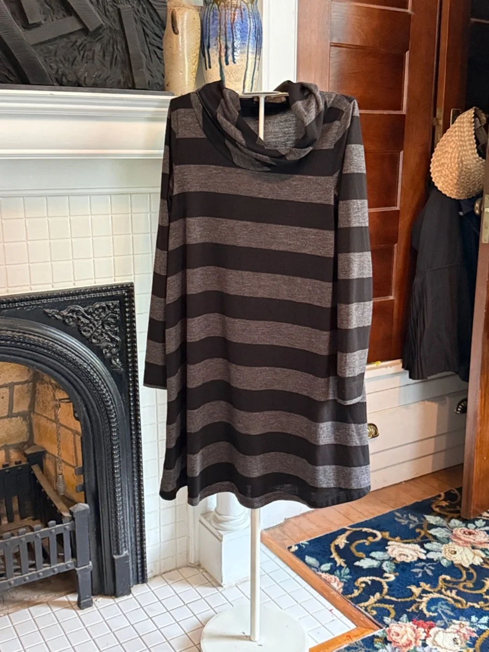 LOFT Charcoal and Black Striped cowl neck swing dress- worn once. 79‎ retail